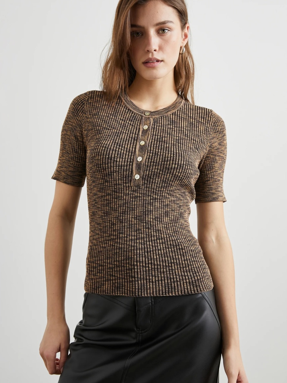 Rails Toni Top Mocha Space Dye Ribbed Short Sleeve Henley S Women’s